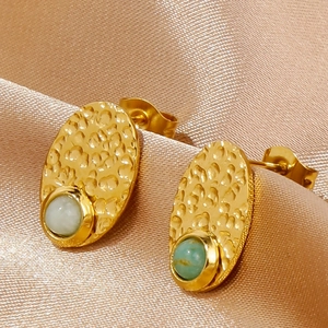French vintage oval hammered gold earrings with inset turquoise and jade gemstones