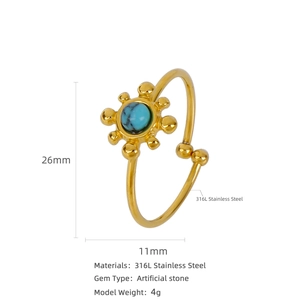 Bohemian 18K gold-plated stainless steel sunflower ring with turquoise center stone