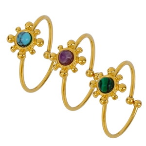 Three 18K gold-plated adjustable sunflower rings with turquoise, amethyst, and malachite