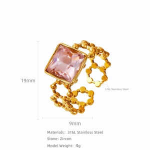 Detail view of 18k gold stainless steel ring with pink zircon and 19mm size specs