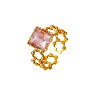 Elegant 18k gold stainless steel ring featuring a square pink crystal and open chain band
