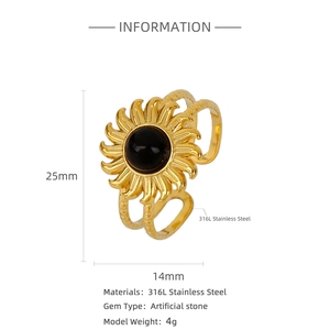 Detailed macro view of 316L stainless steel sunburst ring with black artificial stone