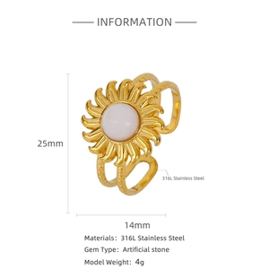 Detailed specs of 316L stainless steel sunflower ring with white stone inlay