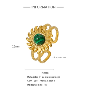 Detail showing dimensions of the gold sun ring with green stone in 316L stainless steel