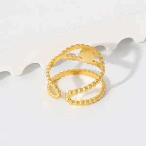 Detail of gold-plated stainless steel ring with double-layered woven texture and oval shield