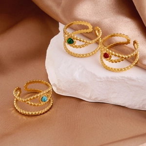 Three-piece gold-plated stainless steel bead rings set with natural blue green red stones