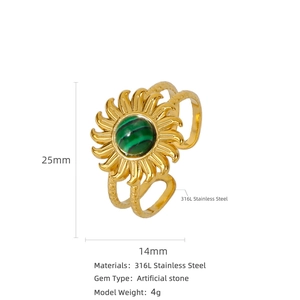 18K gold plated sun shape stainless steel ring with green malachite stone inlay