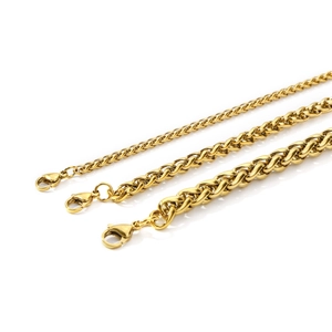 Detailed comparison of three golden wheat link chains in varying thickness with lobster clasps