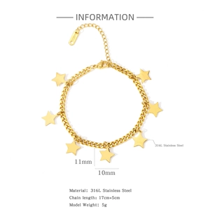 Detailed view of gold 316L stainless steel star bracelet with sizing information
