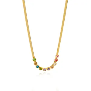 Gold Plated Stainless Steel Rainbow Zirconia Pendant Necklace Elegant Herringbone Snake Bone Chain For Women Daily Party Jewelry