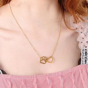 Stainless Steel Interlocking Heart Cat Paw Pendant Necklace Adjustable Cross Chain Hollow Pet Lovers Jewelry Gift For Women