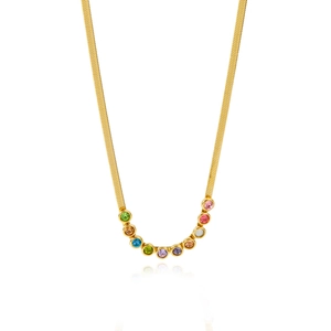 Gold-plated snake chain necklace with 11 rainbow cubic zirconia stones on white background