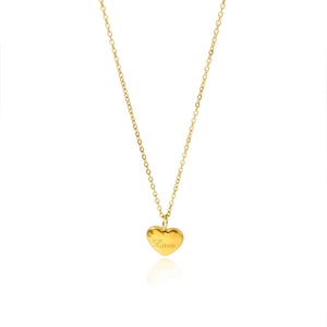 Polished 18K gold stainless steel heart pendant necklace with Love engraving and chain