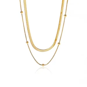 Double Layer Stainless Steel Necklace 18K Gold Plated Snake Chain Satellite Bead Necklace For Women Minimalist Jewelry