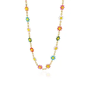 316L Stainless Steel Colorful Enamel Daisy Flower Necklace 18K Gold Plated Drip Oil Cute Korean Style Women Fashion Jewelry