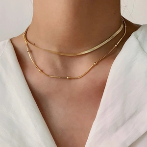 Double-layered 18K gold plated necklace with flat snake chain and beaded bead chain