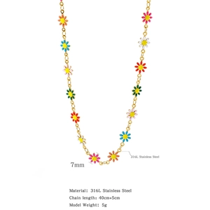 Detail of 316L stainless steel chain and small colorful enamel daisy pendants