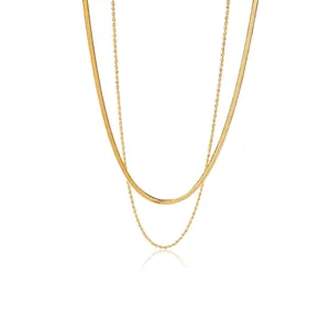 Collier Double Rangée en Acier Inoxydable Plaqué Or 18K Chaîne à Chevrons Et Corde Bijoux Minimalistes pour Femmes