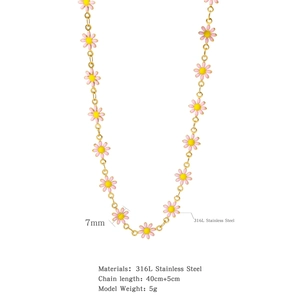 Detail view of 316L stainless steel necklace with 7mm pink daisy pendant and dimensions