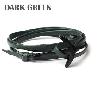 Close-up of dark green multilayer leather bracelet with black polished anchor clasp