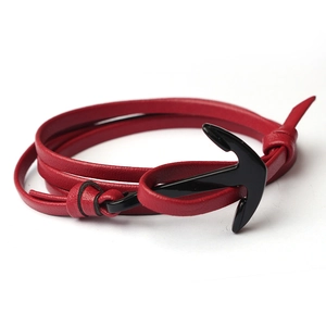 Multilayer red leather anchor bracelet with black polished metal nautical charm clasp