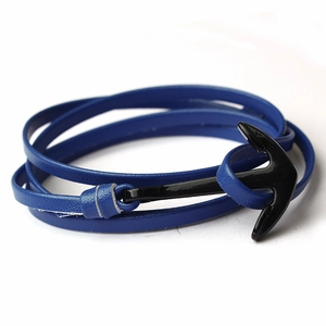 Navy blue leather anchor wrap bracelet with black metal clasp for men and women