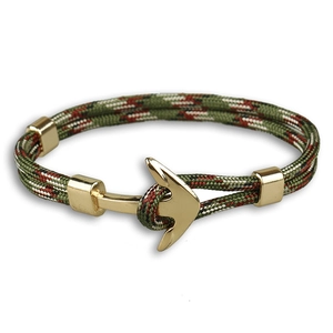 Bracelet ancre nautique pour homme avec corde tissée verte et fermoir doré poli