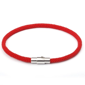 Minimalist red braided rope bracelet for couples with silver magnetic metal clasp closure