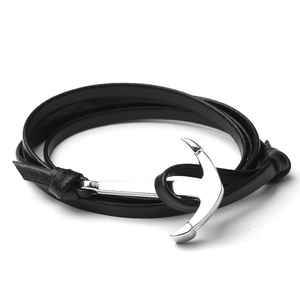 Bracelet enveloppant en cuir noir classique doté d'un fermoir ancre en argent poli