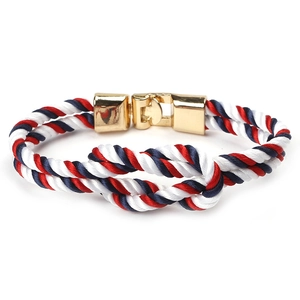 Nautical style braided rope bracelet with tricolor design and polished gold clasp