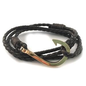Men's multilayer black braided leather bracelet with large gold anchor fish hook clasp