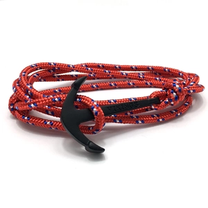 Multilayer red nautical rope bracelet with black metal anchor clasp and Vikings engraving