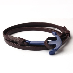 Bracciale con ancora blu e doppio cinturino in pelle intrecciata marrone scuro per coppie