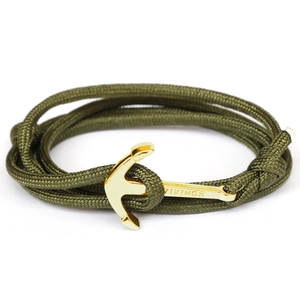 Bracelet ancre nautique tressé vert olive avec fermoir vikings plaqué or poli