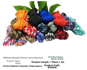 Detail of 4mm 7-strand military parachute cord in various colors for outdoor gear