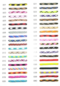 Matrix display of 40 varied color patterns for 4mm 7-strand survival paracord ropes