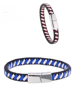 Detail of woven leather couple bracelets with polished metal magnetic clasp closures