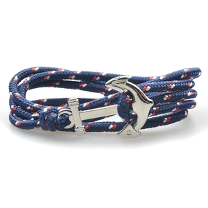 Bracelet ancre nautique fait main en corde de nylon tressée rouge, blanche et bleue