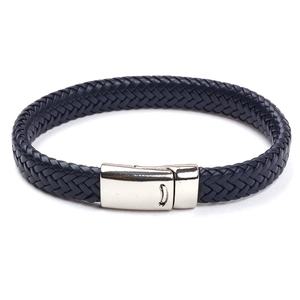 Bracelet classique en cuir tressé bleu foncé avec un fermoir magnétique en métal argenté poli