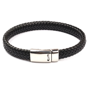 Bracelet minimaliste en cuir tressé noir pour couples avec boucle en métal argenté