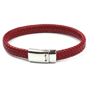 Bracelet tressé en cuir rouge pour couple avec fermoir en métal argenté poli