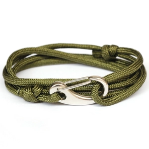Army green paracord braided bracelet with silver stainless steel shackle clasp on white background
