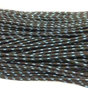Close-up of 3mm black paracord with blue and white woven accents for DIY bracelets