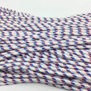 Close-up of 3mm red blue and white braided paracord showing synthetic fiber texture