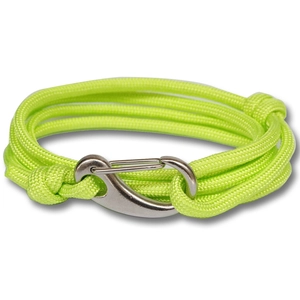 Detail of neon green paracord braided bracelet with durable stainless steel clasp