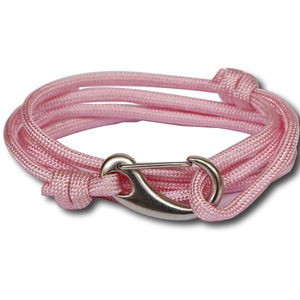 Close-up of pink multi-layer woven anchor bracelet with a silver metal lobster clasp