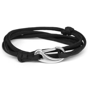 Black nylon paracord bracelet with silver metal anchor clasp for outdoor sports style