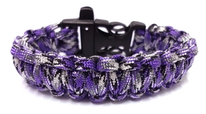 Detailed close-up of the purple paracord survival bracelet with plastic side-release buckle