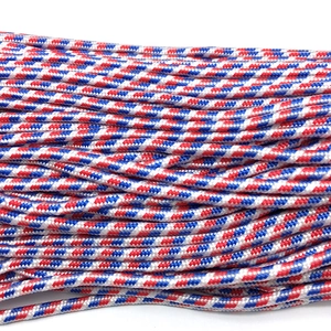 Macro detail of red, blue, and white tri-color braided nylon paracord texture
