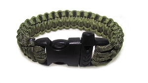 Detailed view of military green paracord survival bracelet with tactical black buckle